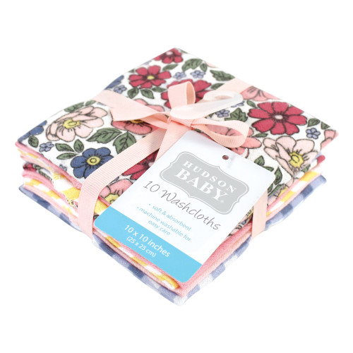 Hudson Baby Flannel Cotton Washcloths, Pink Blue Pretty Floral 10 Pack