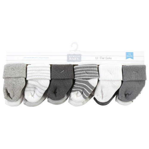 Hudson Baby Cotton Rich Newborn and Terry Socks, Gray Stripe 12 Pack