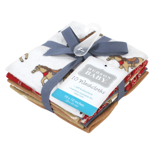 Hudson Baby Flannel Cotton Washcloths, Cowboy 10 Pack