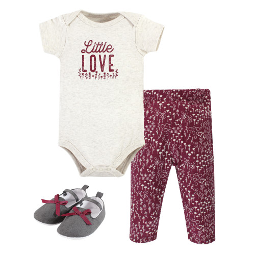 Hudson Baby Cotton Bodysuit, Pant and Shoe Set, Little Love Flowers Short Sleeve
