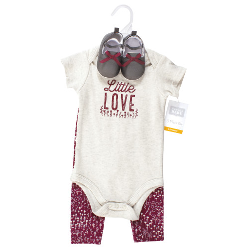 Hudson Baby Cotton Bodysuit, Pant and Shoe Set, Little Love Flowers Short Sleeve