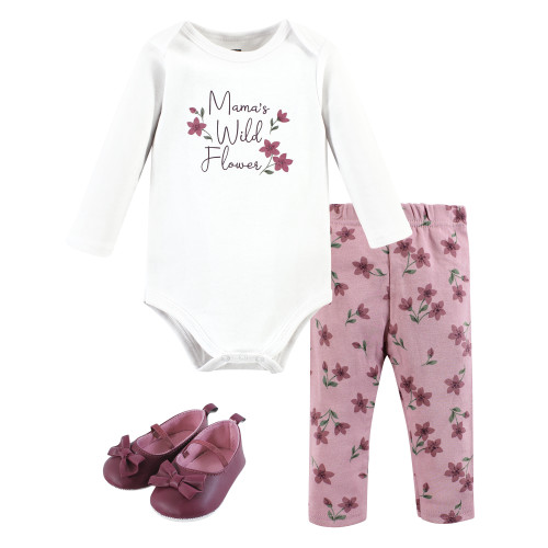 Hudson Baby Cotton Bodysuit, Pant and Shoe Set, Plum Wildflower Long Sleeve