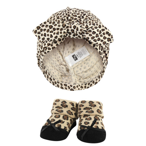 Hudson Baby Turban and Socks Set, Red Rose Leopard
