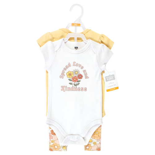 Hudson Baby Cotton Bodysuit and Pant Set, Peace Love Flowers Short Sleeve