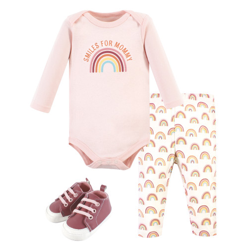 Hudson Baby Cotton Bodysuit, Pant and Shoe Set, Sunshine Rainbows Long Sleeve