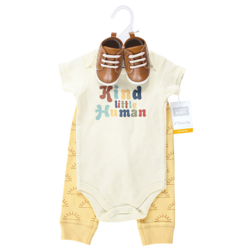 Hudson Baby Cotton Bodysuit, Pant and Shoe Set, Kind Human Short Sleeve