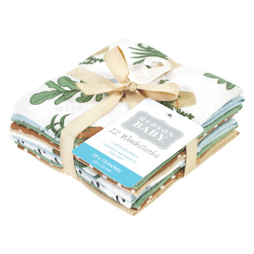 Hudson Baby Flannel Cotton Washcloths, Plants 12 Pack