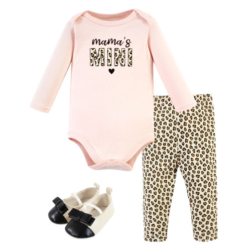 Hudson Baby Cotton Bodysuit, Pant and Shoe Set, Leopard Hearts Long Sleeve