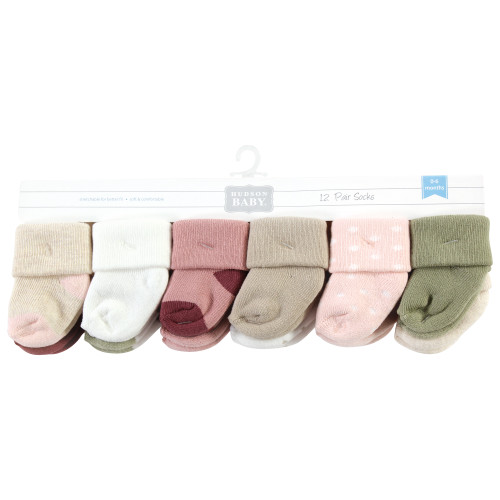Hudson Baby Cotton Rich Newborn and Terry Socks, Mauve Sage Dot