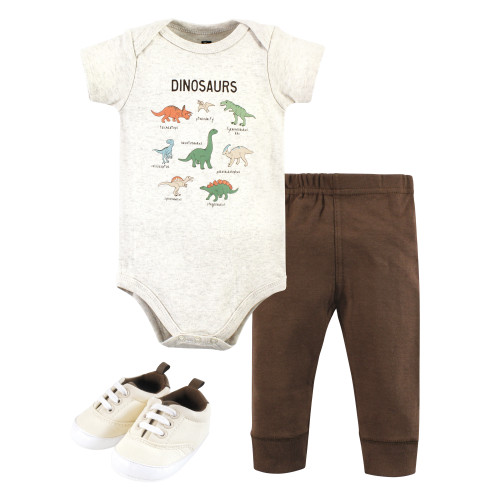 Hudson Baby Cotton Bodysuit, Pant and Shoe Set, Dinosaur Adventures Short Sleeve