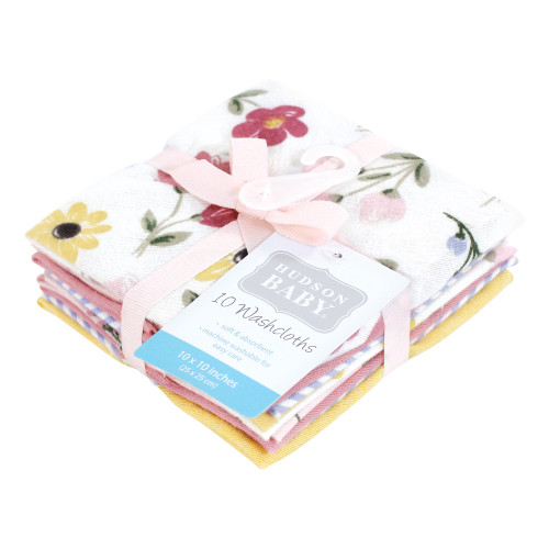 Hudson Baby Flannel Cotton Washcloths, Soft Painted Floral 10 Pack