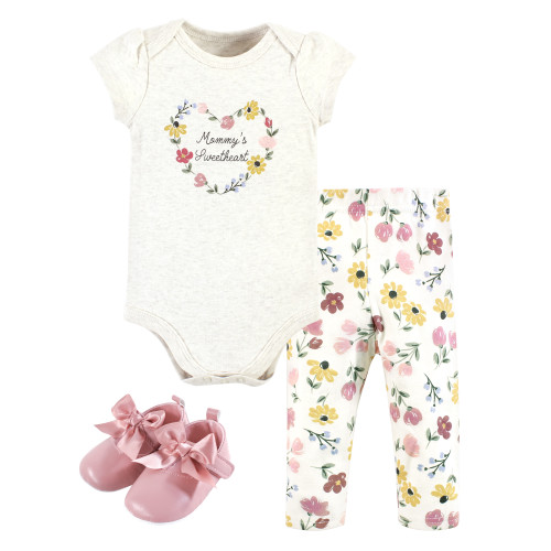 Hudson Baby Cotton Bodysuit, Pant and Shoe Set, Soft Painted Floral Short Sleeve