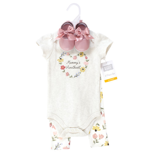 Hudson Baby Cotton Bodysuit, Pant and Shoe Set, Soft Painted Floral Short Sleeve