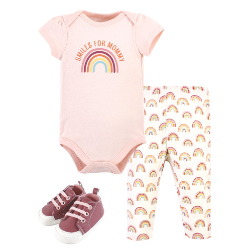 Hudson Baby Cotton Bodysuit, Pant and Shoe Set, Sunshine Rainbows Short Sleeve