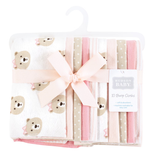 Hudson Baby Cotton Flannel Burp Cloths, Pink Taupe Bear 10 Pack