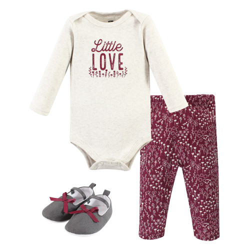 Hudson Baby Cotton Bodysuit, Pant and Shoe Set, Little Love Flowers Long Sleeve