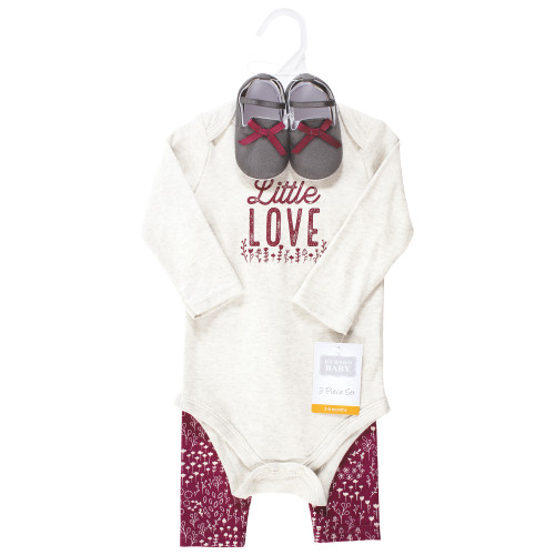 Hudson Baby Cotton Bodysuit, Pant and Shoe Set, Little Love Flowers Long Sleeve