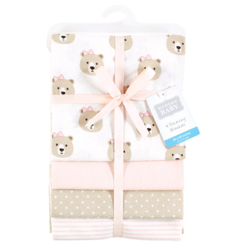 Hudson Baby Cotton Flannel Receiving Blankets, Pink Taupe Bear