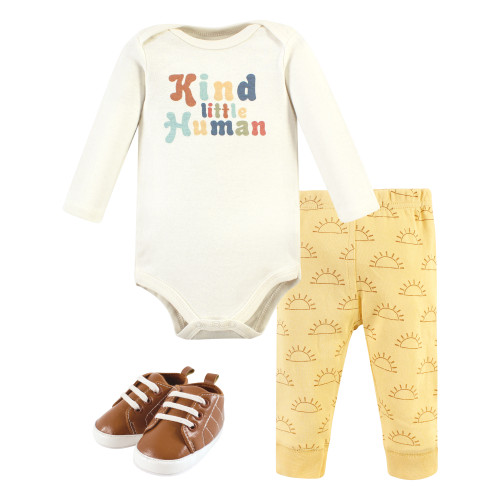 Hudson Baby Cotton Bodysuit, Pant and Shoe Set, Kind Human Long Sleeve