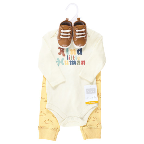 Hudson Baby Cotton Bodysuit, Pant and Shoe Set, Kind Human Long Sleeve
