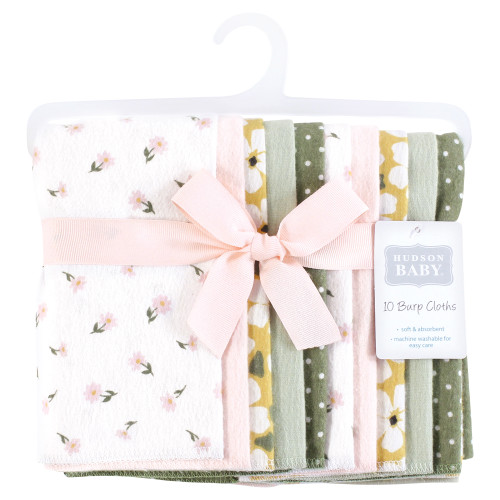 Hudson Baby Cotton Flannel Burp Cloths, Sage Floral 10 Pack