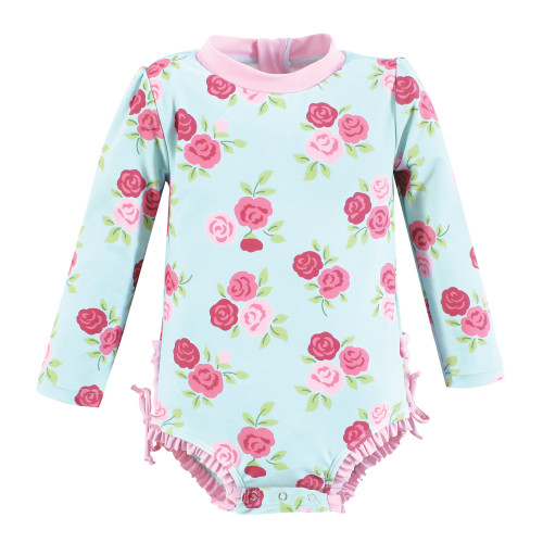 Hudson Baby Rashguard Baby and Toddler Swimsuit, Mint Pink Roses