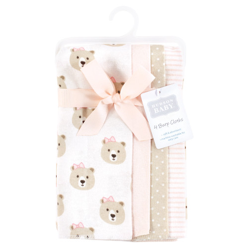 Hudson Baby Cotton Flannel Burp Cloths, Pink Taupe Bear 4 Pack
