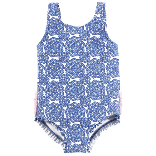 Hudson Baby Baby and Toddler Swimsuit, Blue Medallion Flower 1