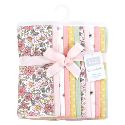 Hudson Baby Cotton Flannel Burp Cloths Bundle, Pink Yellow Pretty Floral