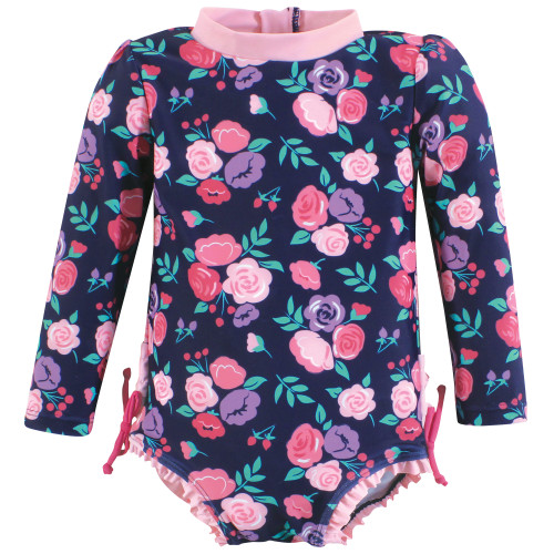 Hudson Baby Rashguard Baby and Toddler Swimsuit, Navy Bright Pink Floral 1