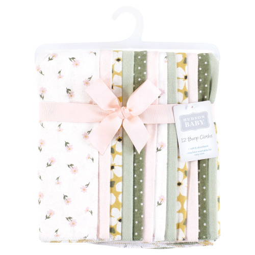 Hudson Baby Cotton Flannel Burp Cloths Bundle, Sage Floral