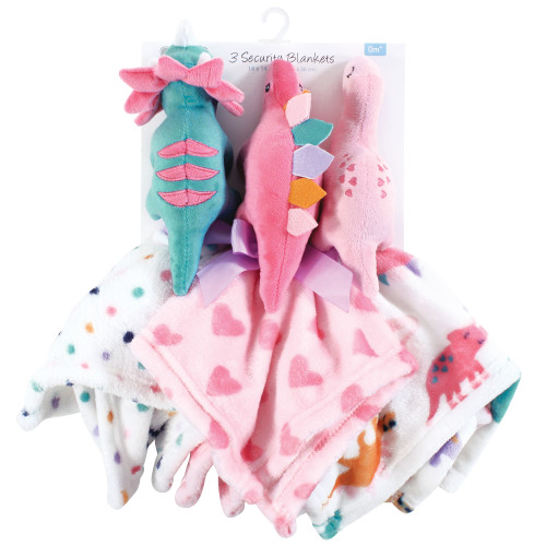 Hudson Baby Animal Face Security Blanket, Cute-A-Saurus 3-Pack