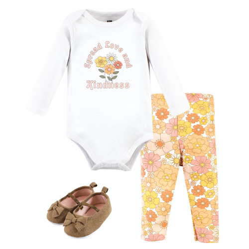 Hudson Baby Cotton Bodysuit, Pant and Shoe Set, Peace Love Flowers Long Sleeve