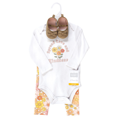 Hudson Baby Cotton Bodysuit, Pant and Shoe Set, Peace Love Flowers Long Sleeve