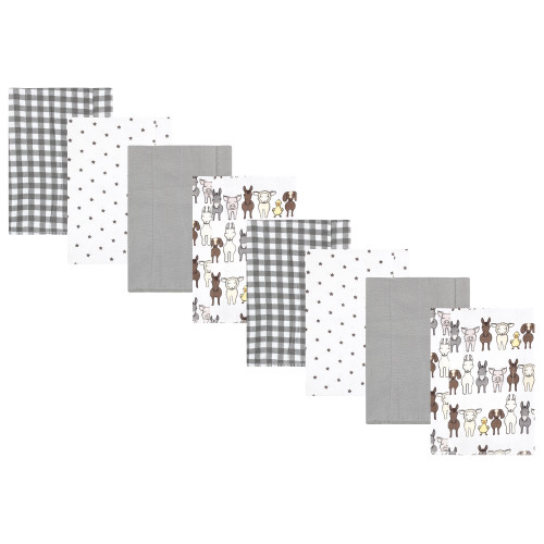 Hudson Baby Cotton Poly Flannel Burp Cloths Multipack, Farm Friends Grey 8-Pack