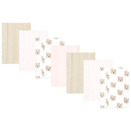 Hudson Baby Cotton Flannel Burp Cloths, Pink Taupe Bear 7 Pack
