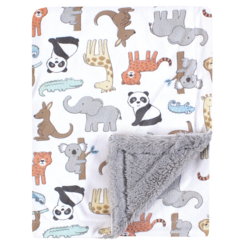 Hudson Baby Plush Blanket with Furry Binding and Back, Zoo Animals