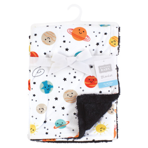 Hudson Baby Plush Blanket with Furry Binding and Back, Happy Planets