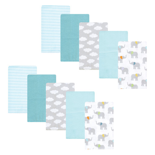 Hudson Baby Cotton Flannel Burp Cloths, Teal Elephant 10 Pack