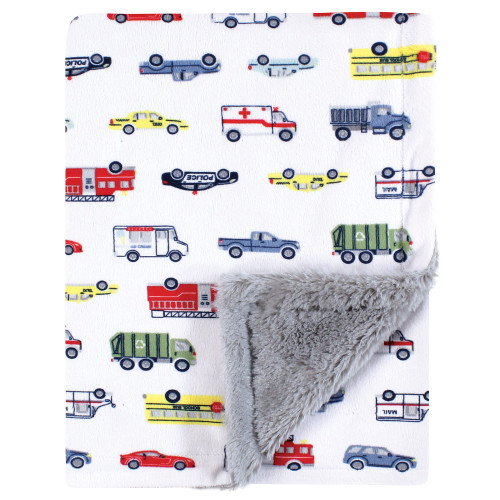 Hudson Baby Plush Blanket with Furry Binding and Back, Going Places