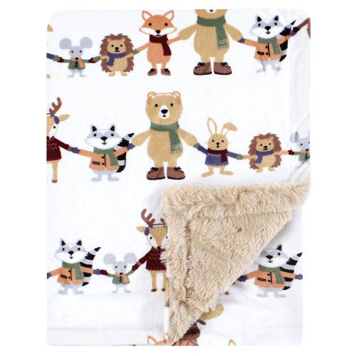 Hudson Baby Plush Blanket with Furry Binding and Back, Winter Woodland Friends