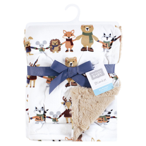 Hudson Baby Plush Blanket with Furry Binding and Back, Winter Woodland Friends