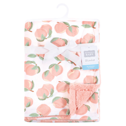 Hudson Baby Plush Blanket with Furry Binding and Back, Peach