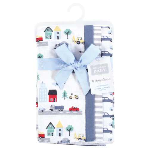 Hudson Baby Cotton Flannel Burp Cloths, City Life 4 Pack