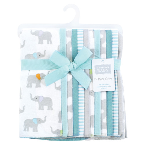 Hudson Baby Cotton Flannel Burp Cloths Bundle, Teal Elephant