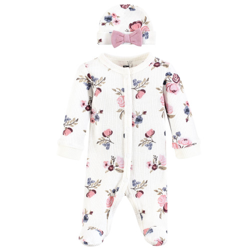 Hudson Baby Thermal Preemie Sleep and Play and Cap, Dusty Rose Floral