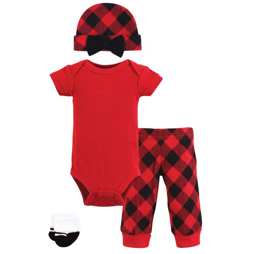 Hudson Baby Thermal Preemie Layette Set 4pc, Girl Buffalo Plaid Short Sleeve 1