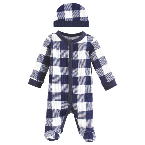 Hudson Baby Thermal Preemie Sleep and Play and Cap, Navy Plaid