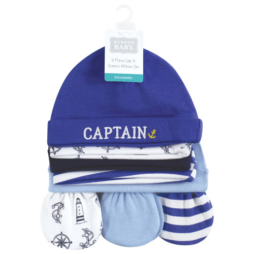 Hudson Baby Cotton Cap and Scratch Mitten Set, Captain