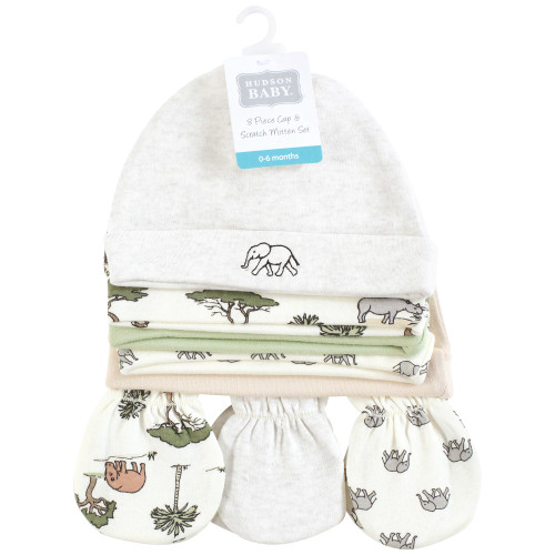 Hudson Baby Cotton Cap and Scratch Mitten Set, Going On Safari